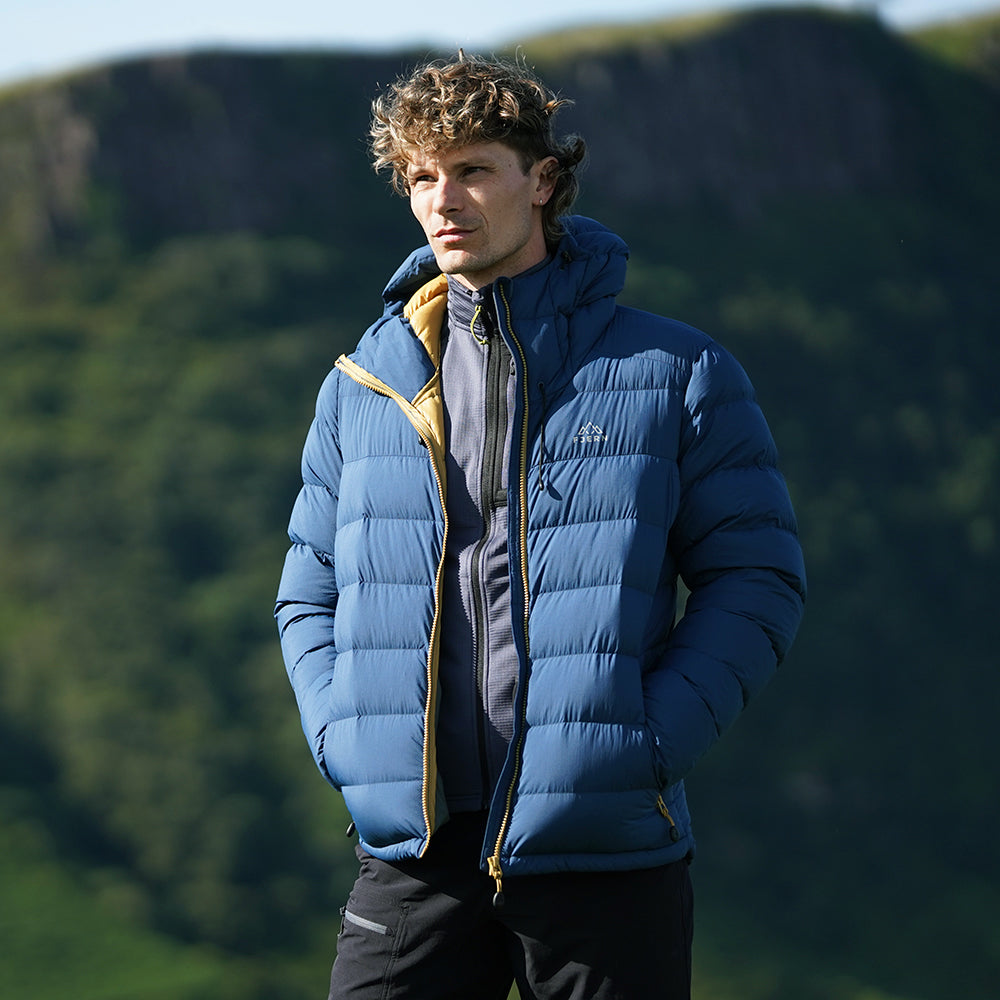 Fjern Mens Arktis III Down Hooded Jacket (Poseidon/Harvest Gold)