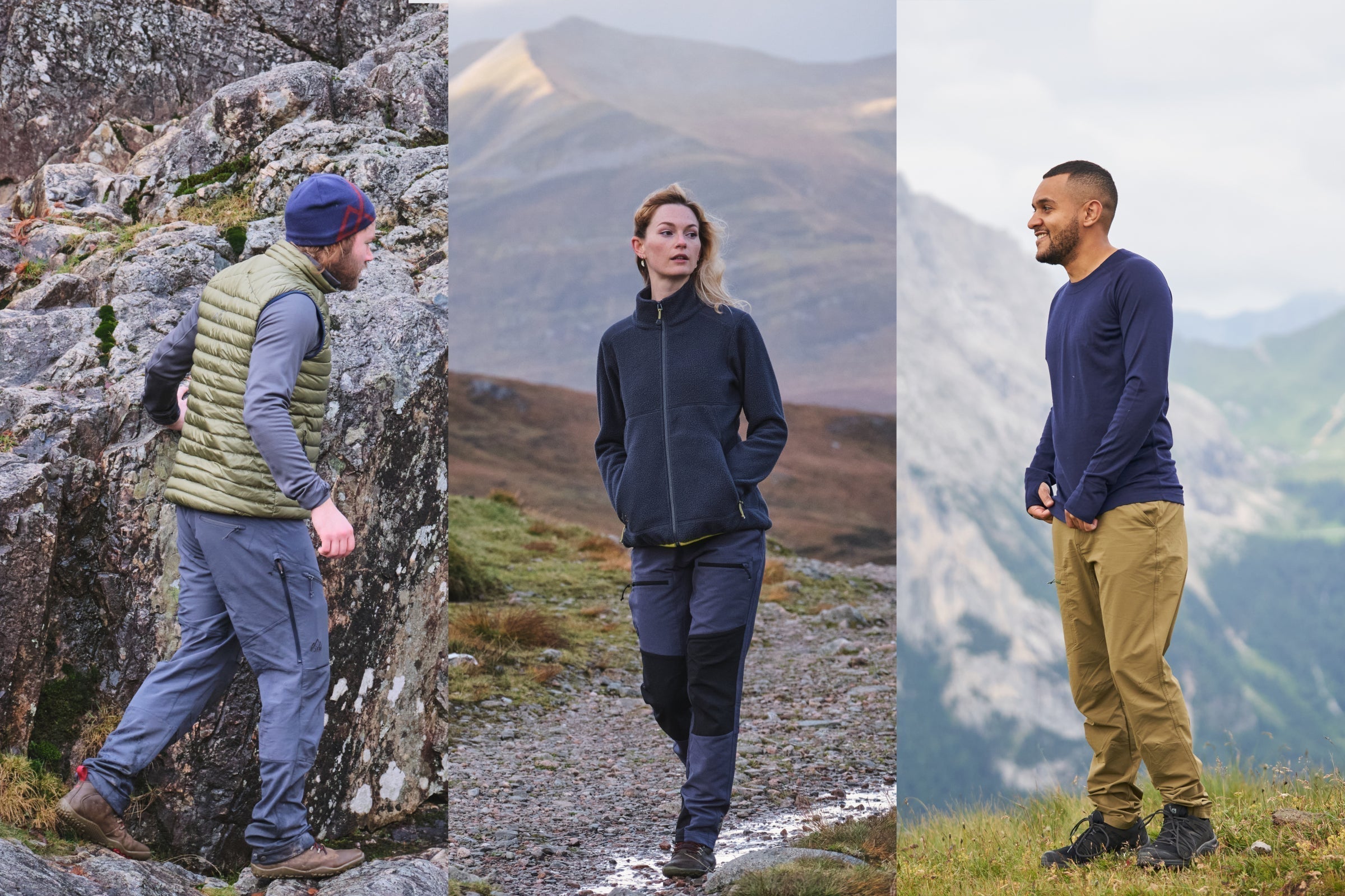 Three hikers are shown wearing Fjern Softshell Trousers