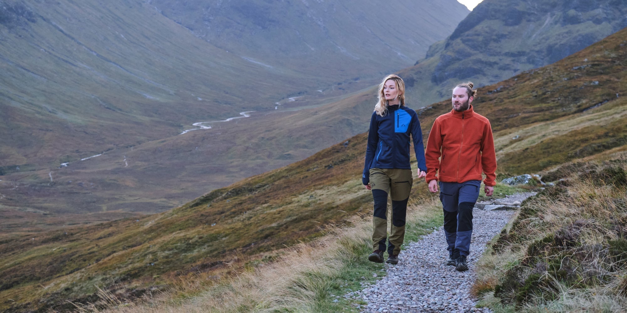 Fjern Bresprekk & Mysig Fleeces and Hagna Trousers being put to the test on a Highland path