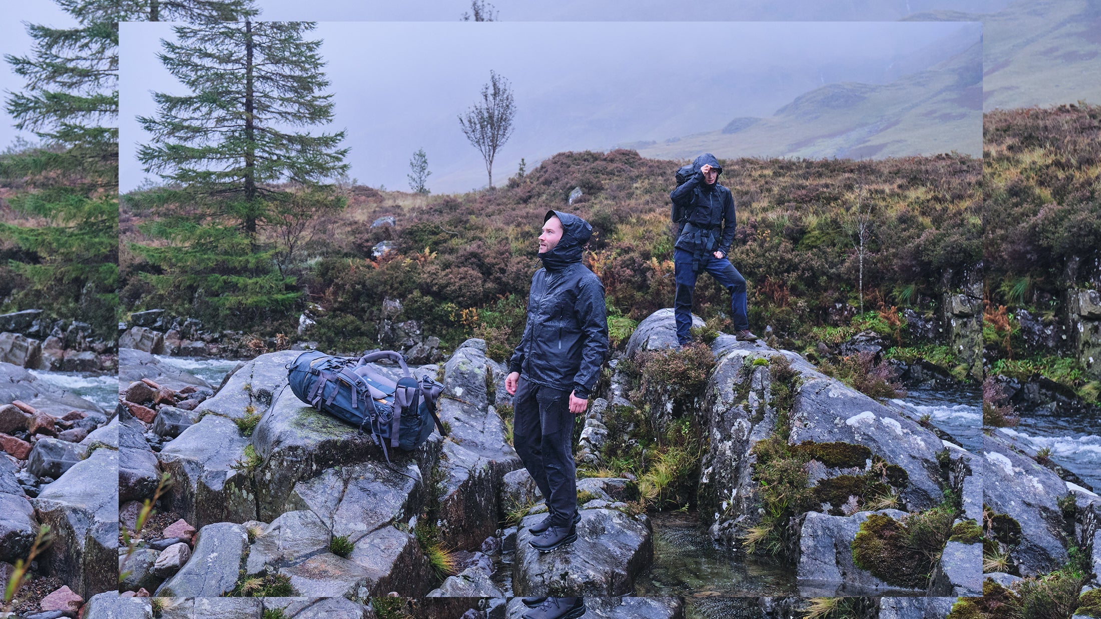 Fjern Stealth Orkan Jackets in a foggy Highland valley