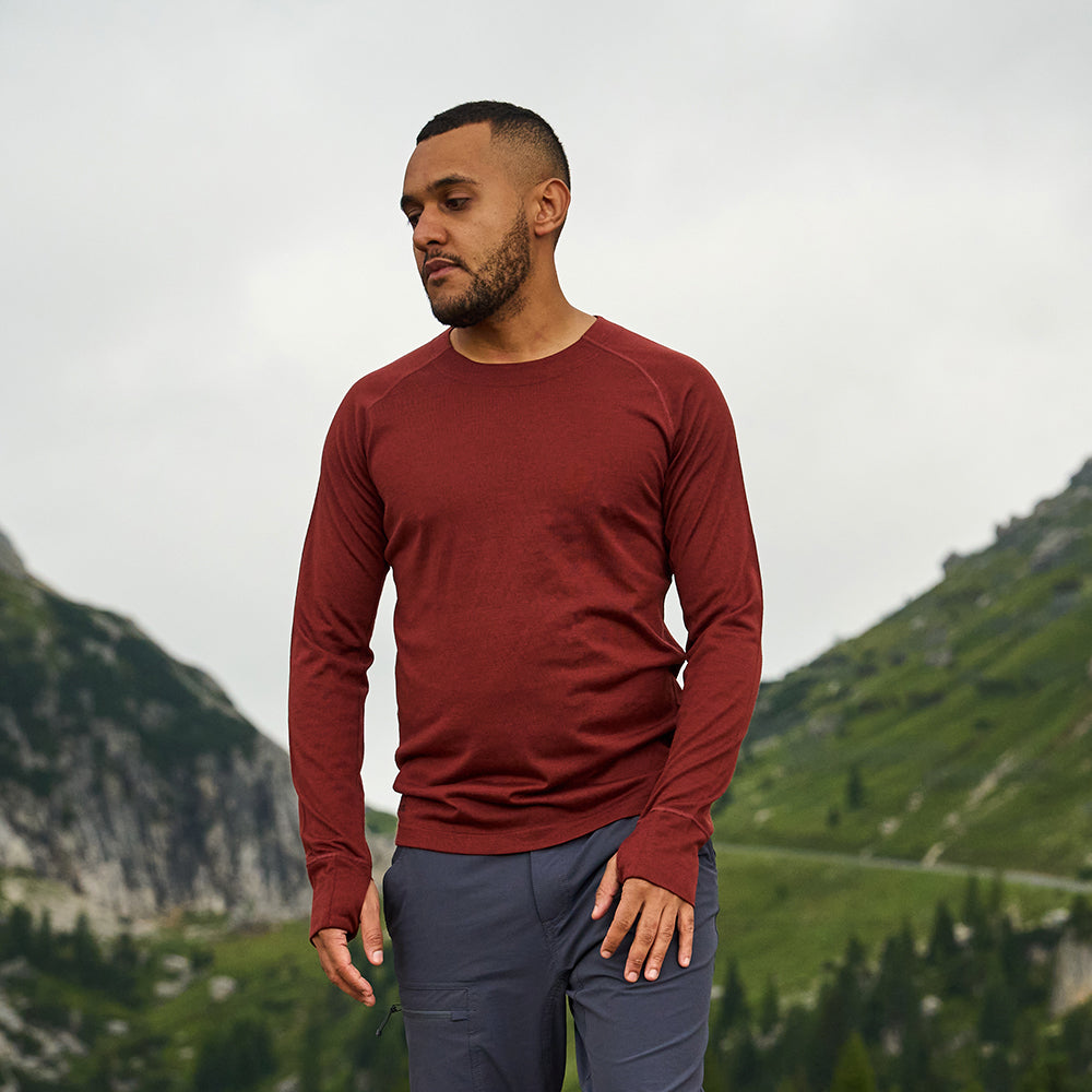 Fjern - Mens Första Merino Blend Long Sleeve Crew Baselayer (Rust) | Explore the outdoors with the Första, a versatile and lightweight technical crew top designed for the active adventurer