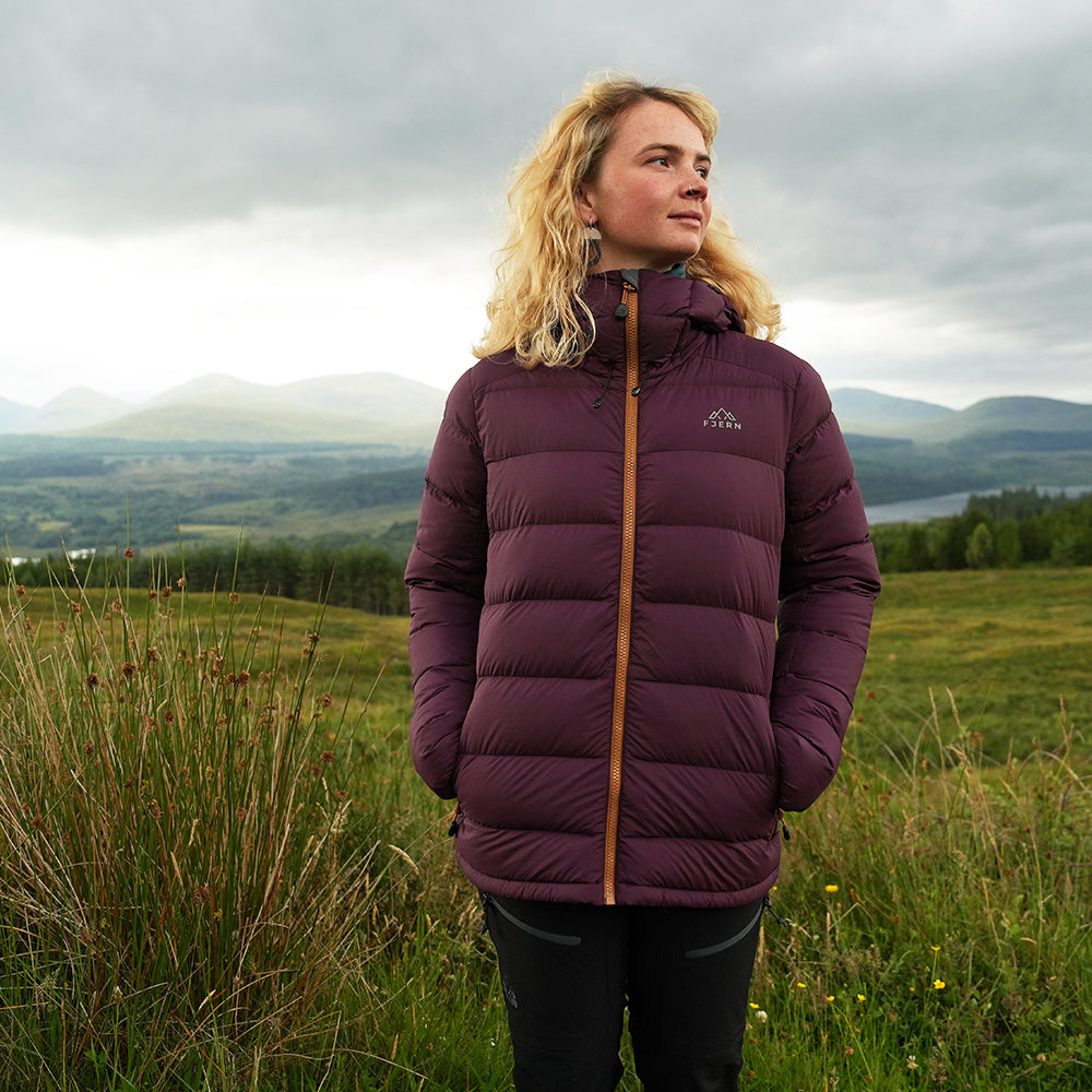 Fjern Womens Arktis III Down Hooded Jacket (Aubergine/Mustard)