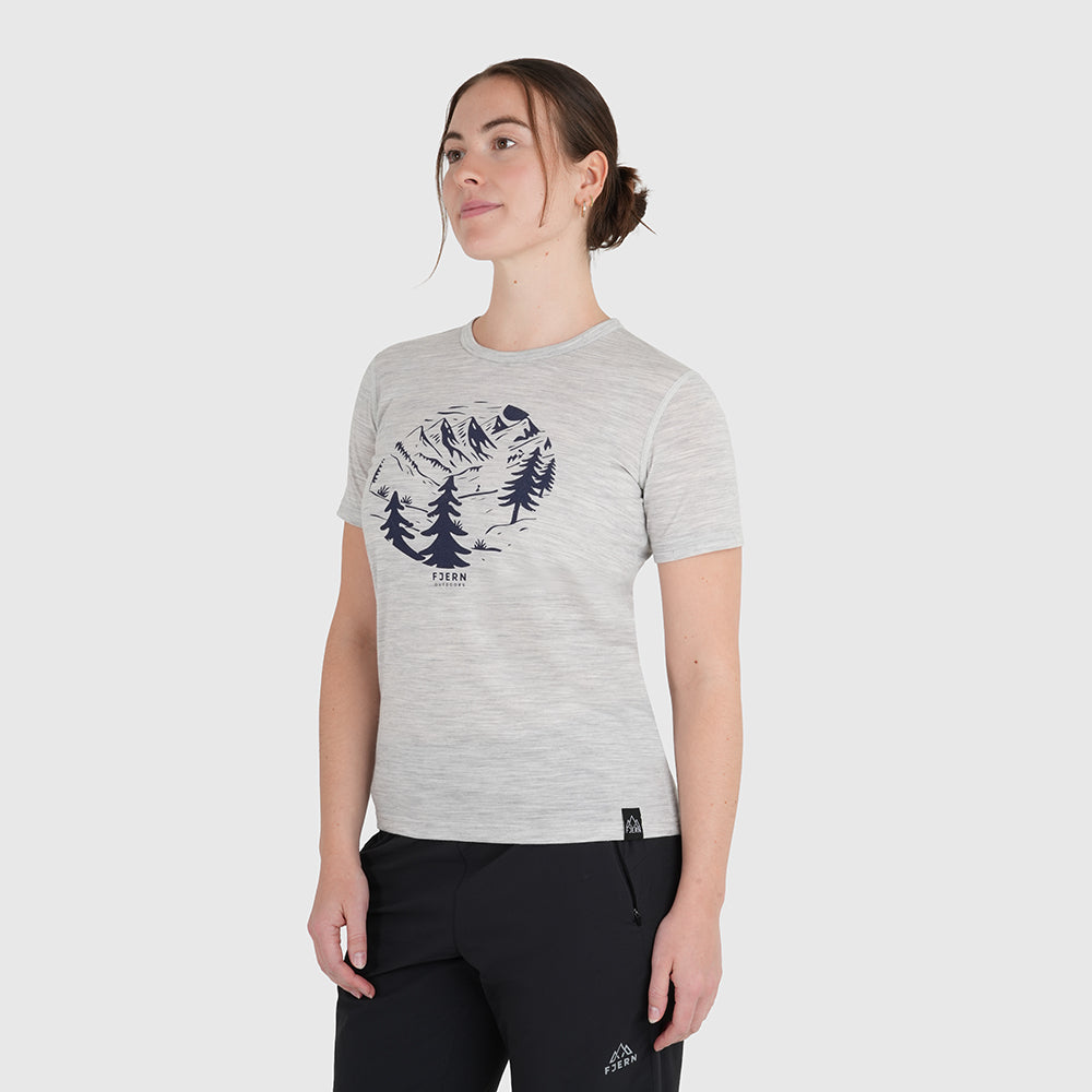 Womens Catch The Wild Merino Blend T-Shirt (Mist Grey Melange/Navy)