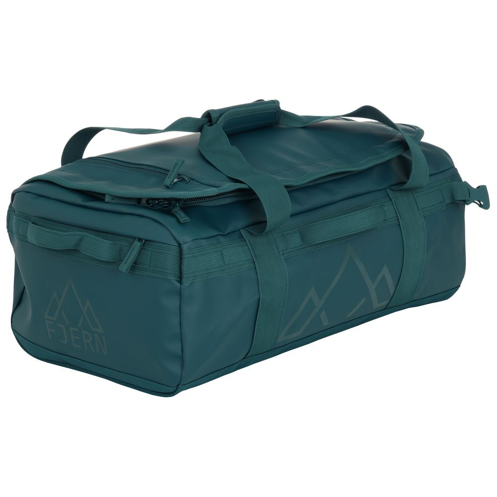 Fjern - Fördra 40L Duffle Bag (Petrol) | Made from durable 100% recycled polyester with a TPU-film laminate, the Fördra duffle bag offers 40L of storage, multiple pockets, and versatile carrying options
