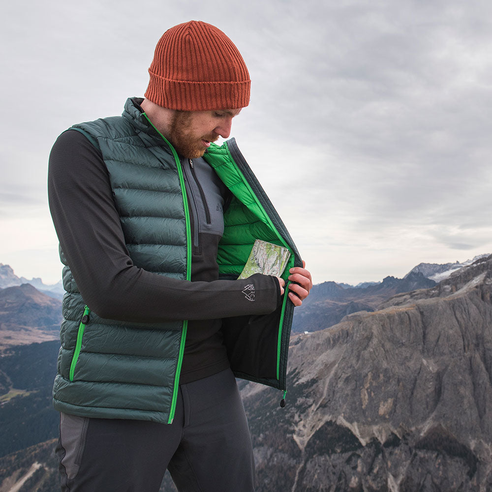 Fjern - Mens Arktis Down Gilet (Pine/Green) | Designed to provide core warmth without the weight, this gilet features a clean, sleeveless design for unrestrictive movement during active pursuits