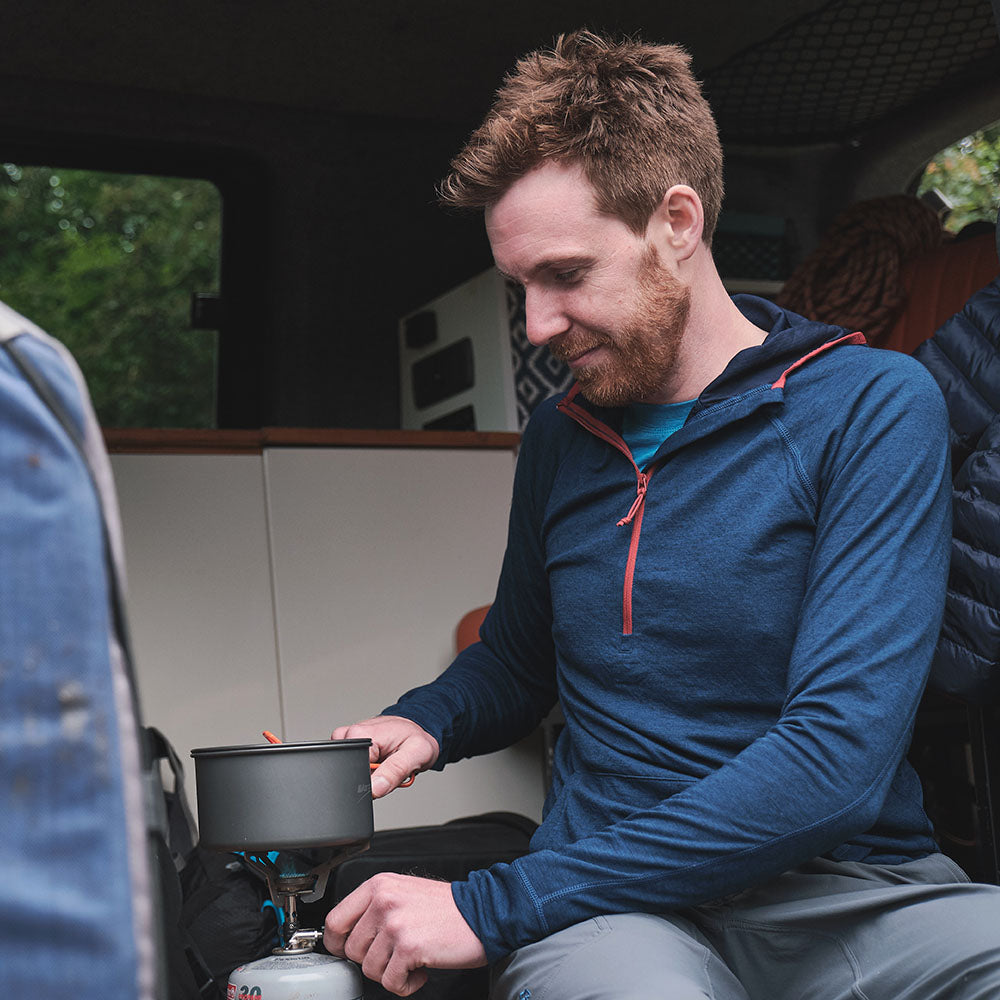 Fjern - Mens Terreng Merino Blend Half Zip Hoodie (Navy) | Embark on your next alpine adventure with a light-weight, technical hoodie designed for performance