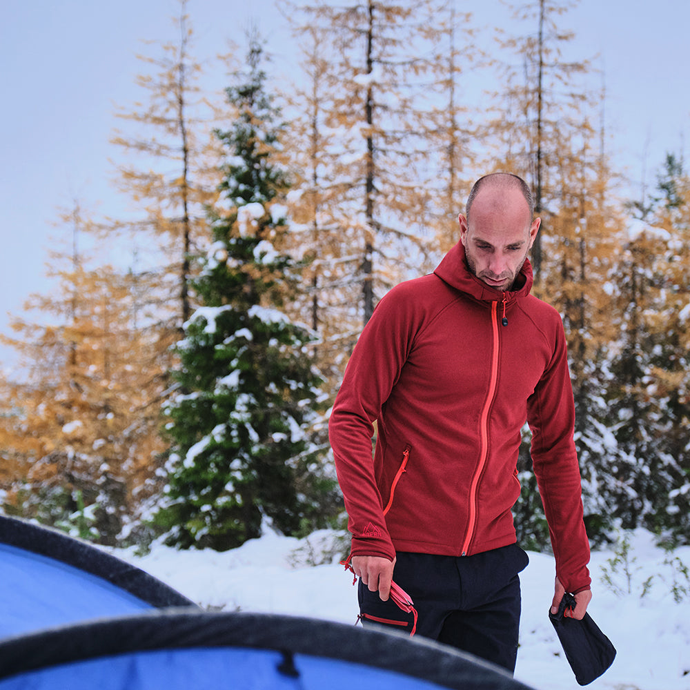 Fjern - Mens Vandring Stretch Fleece Jacket (Rust/Orange) | The Vandring is a mid-weight technical fleece hoodie designed for warmth, flexibility, and performance
