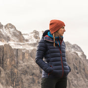 Fjern - Womens Arktis II Down Hooded Jacket (Navy/Rust) | The Arktis II is an incredibly versatile insulated layer that stands strong in brutal conditions