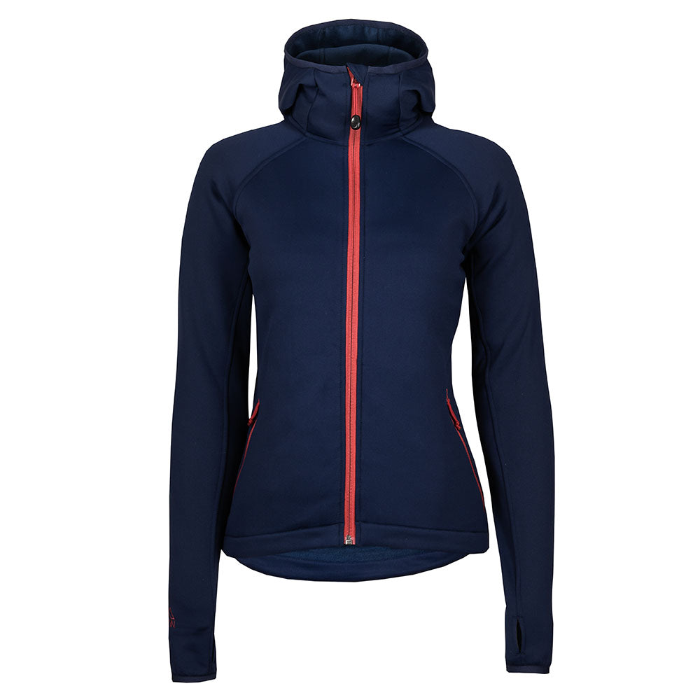 Fjern - Womens Vandring Stretch Fleece Jacket (Navy/Rust) | The Vandring is a mid-weight technical fleece hoodie designed for warmth, flexibility, and performance